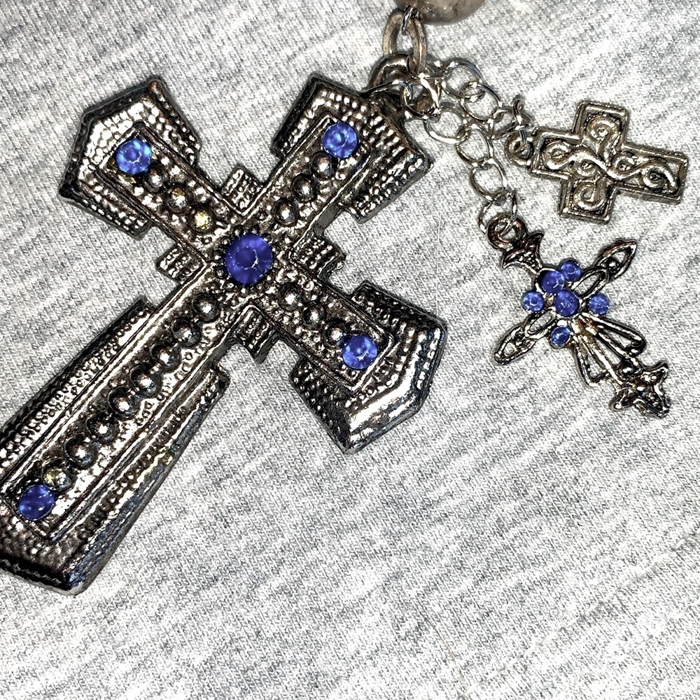 SILVER CROSS artisan Necklace, blue/silver beads, chain/long leather cord. EUC - Picture 5 of 12
